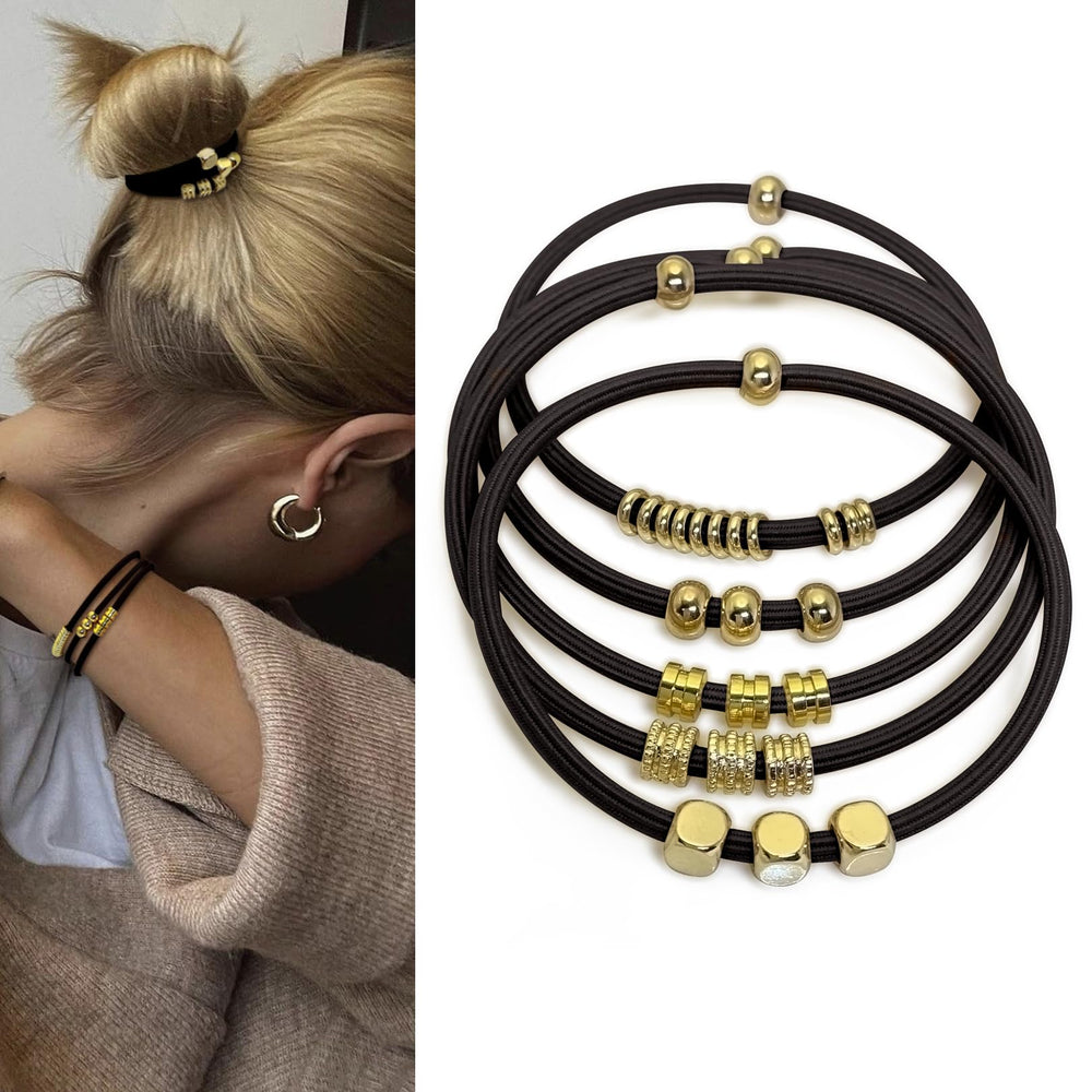 SISYOUP front view of black boho hair ties showing beads and gold charm for stylish wear