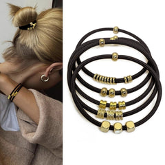 SISYOUP front view of black boho hair ties showing beads and gold charm for stylish wear