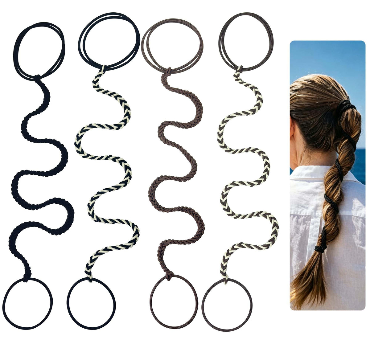 SISYOUP front packaging showing 4-pack brown and black sport hair ties, durable convenience