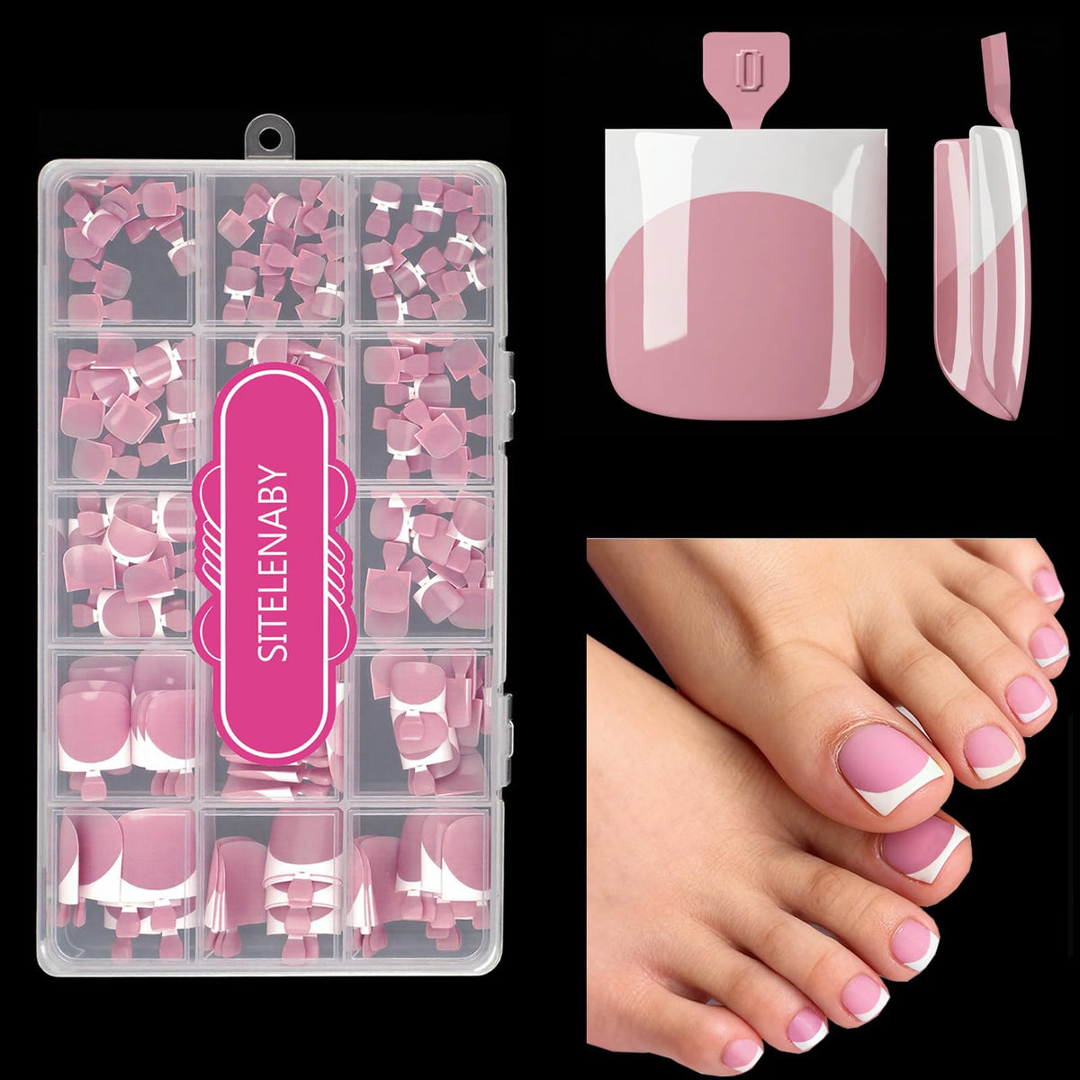 SITELENABY front packaging showing 180-piece French toe tips and quick-apply benefit