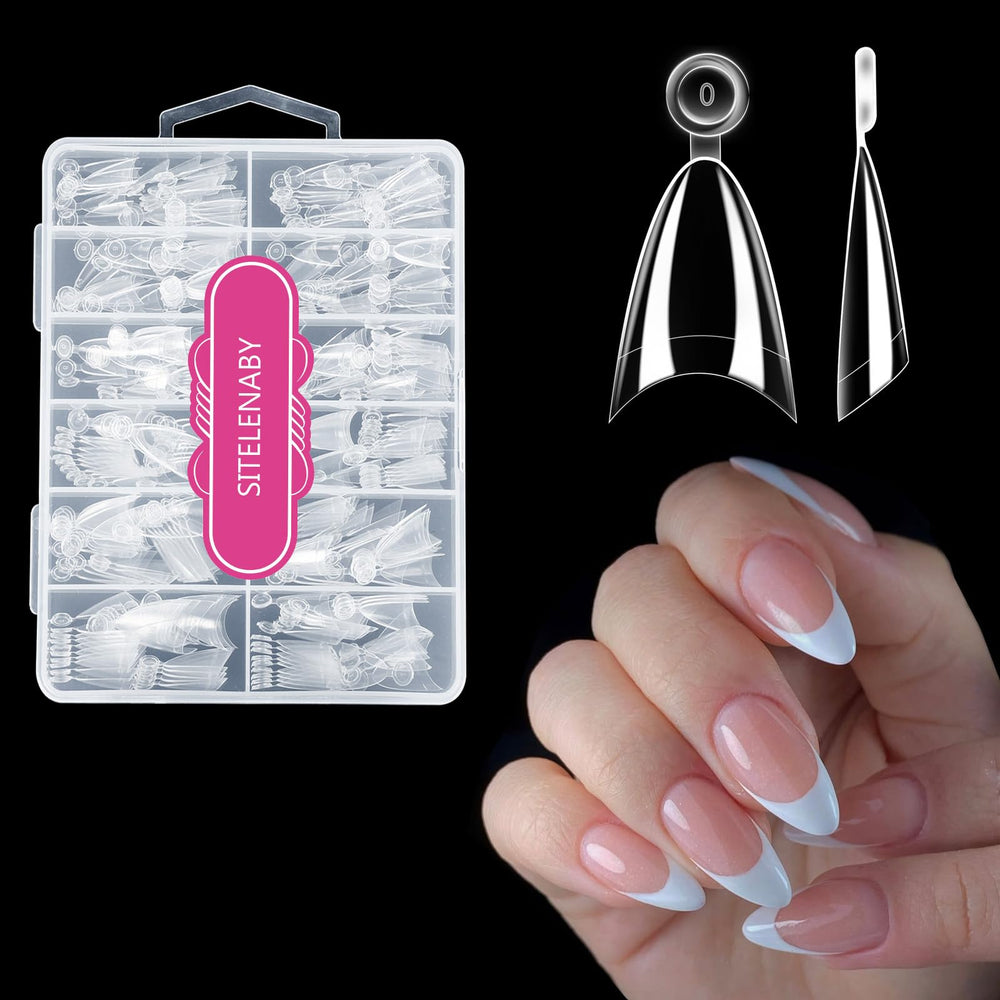 SITELENABY front boxed set showing 300 clear almond tips and packaging benefit rapid refills