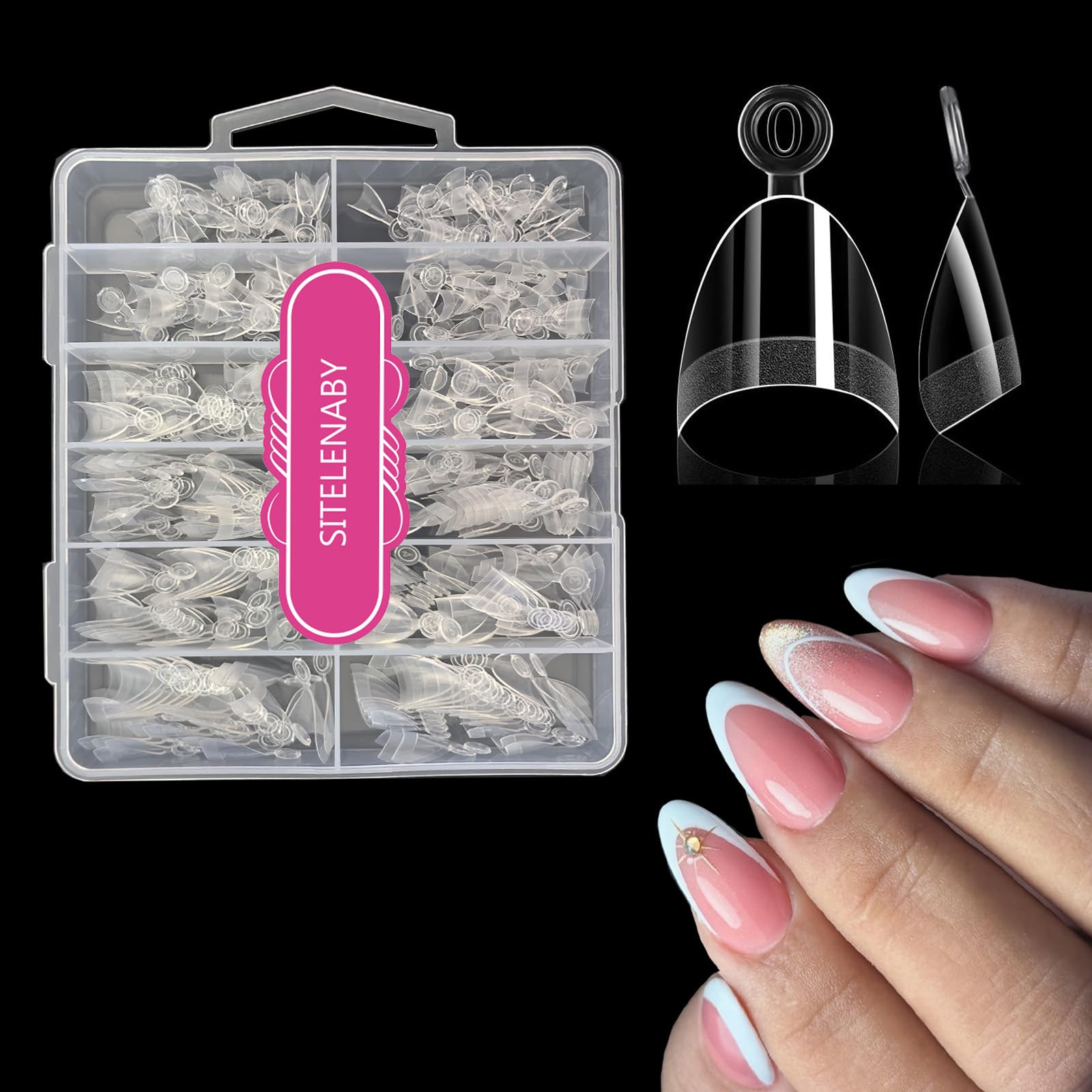 SITELENABY front packaging of 300 short almond gel nail tips, organized for convenience