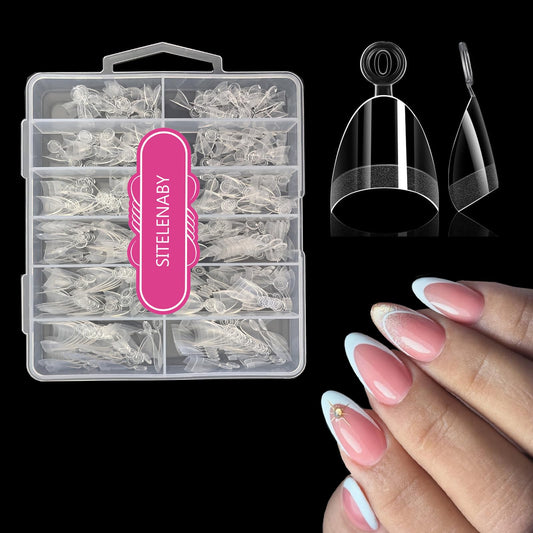 SITELENABY front packaging of 300 short almond gel nail tips, organized for convenience