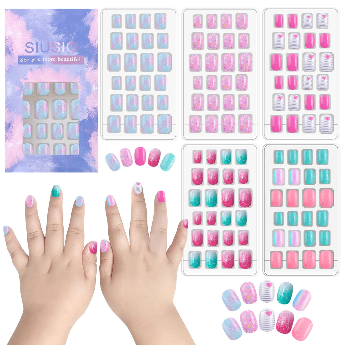 SIUSIO front view of multicolor gradient press-on kit showing packaging and nails ready