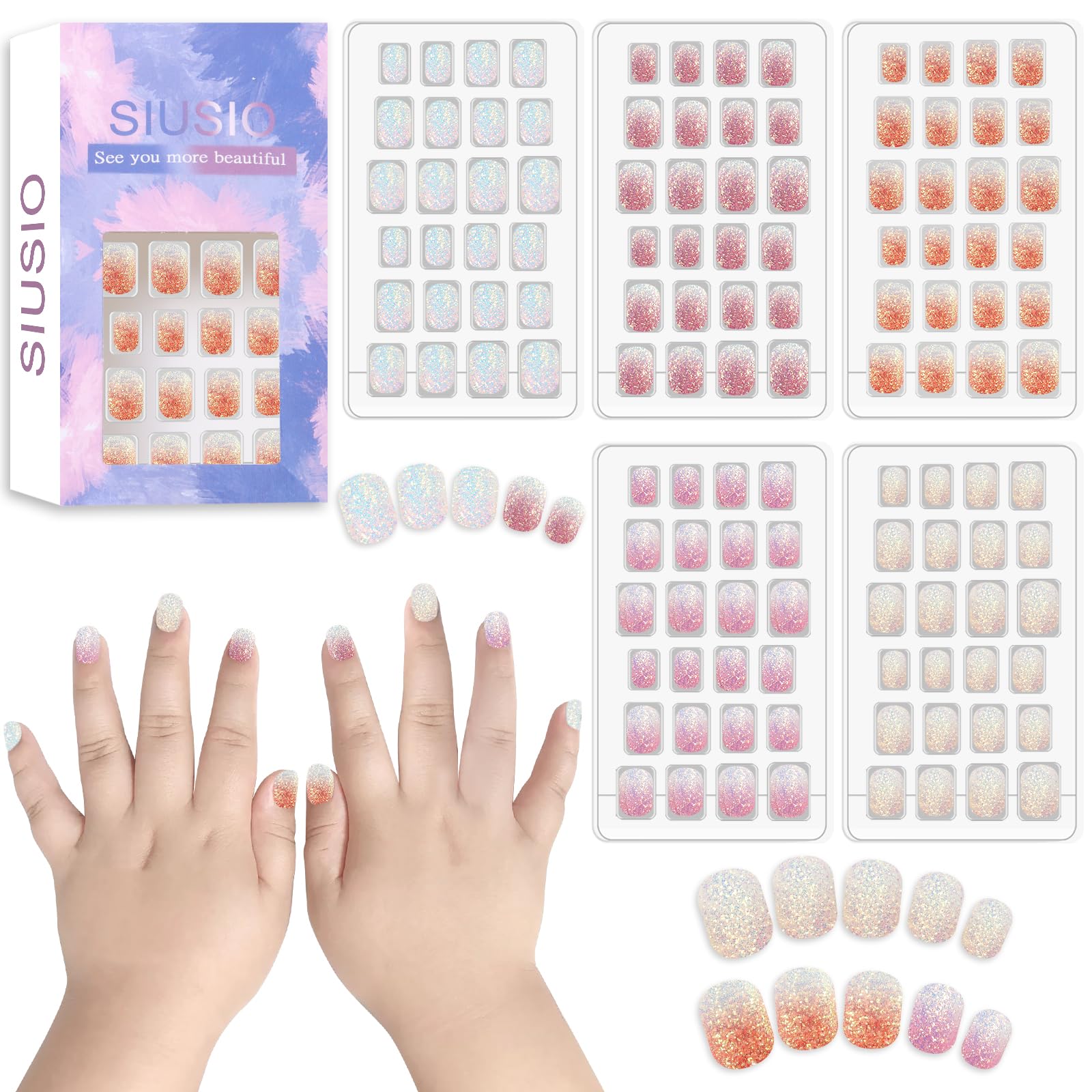 SIUSIO front packaging showing five-box rainbow nail kit and bright colors benefit quick selection