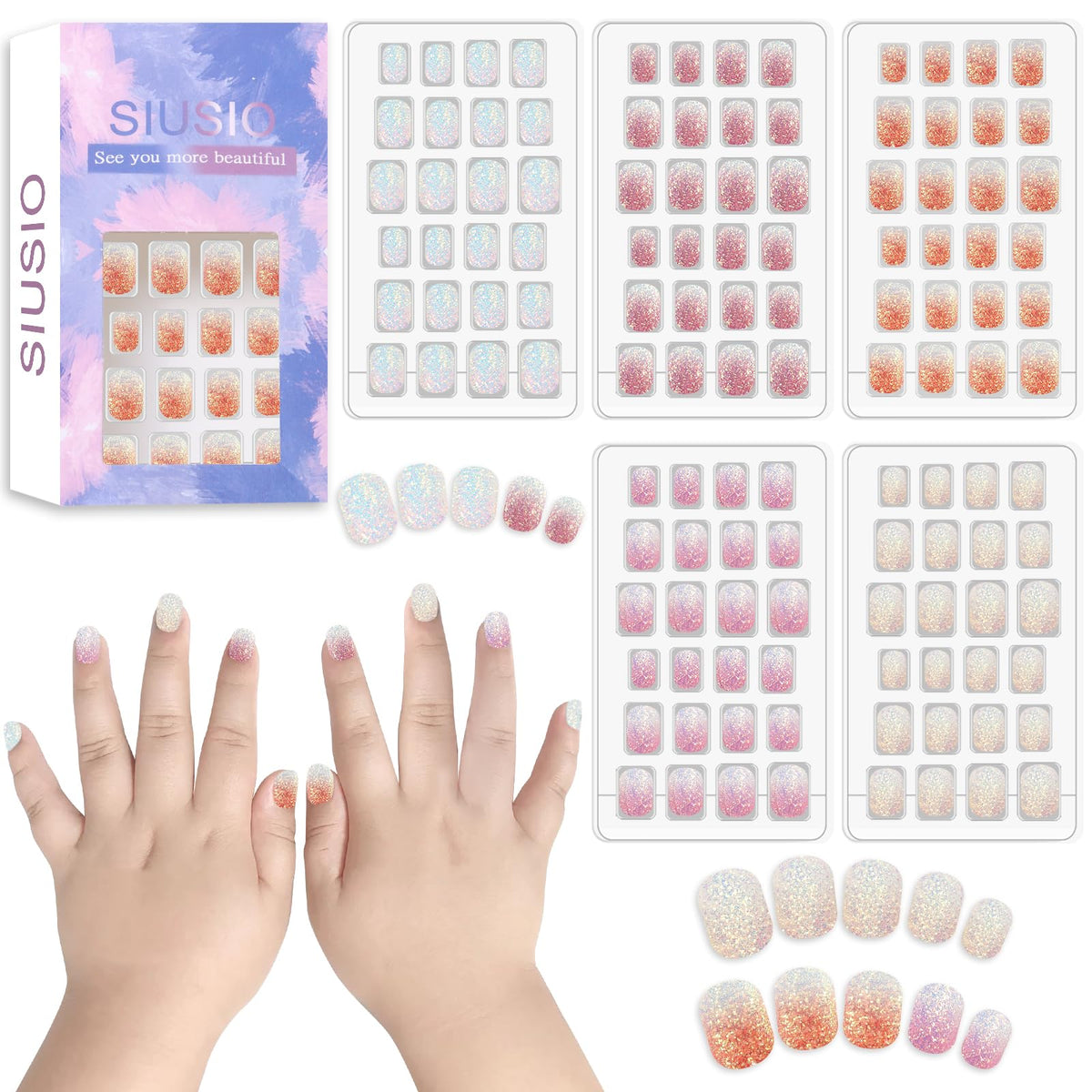 SIUSIO front packaging showing five-box rainbow nail kit and bright colors benefit quick selection