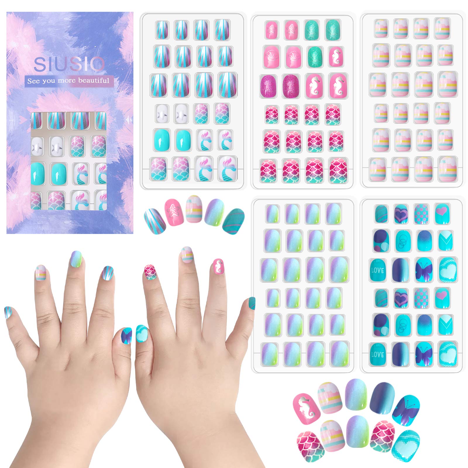 SIUSIO front packaging showing full 120-piece mermaid nail kit and contents