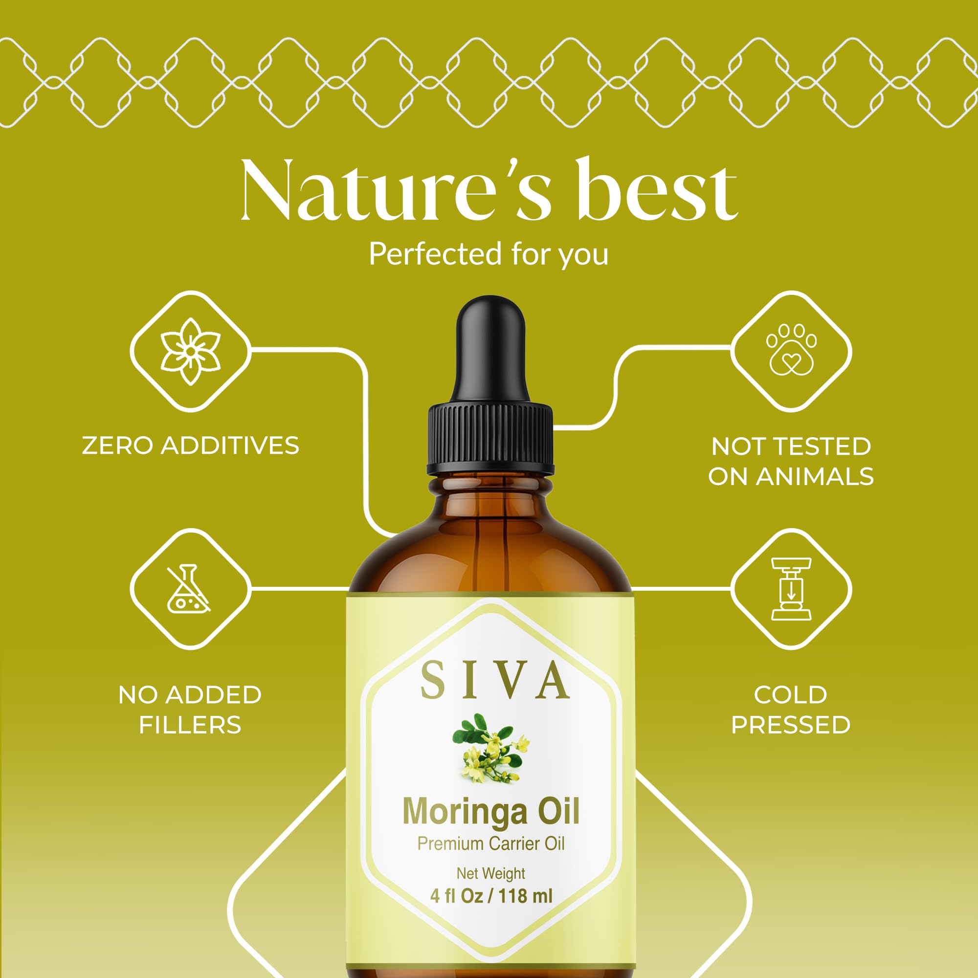 SIVA ORGANICS dropper dispensing clear moringa oil for precise controlled use