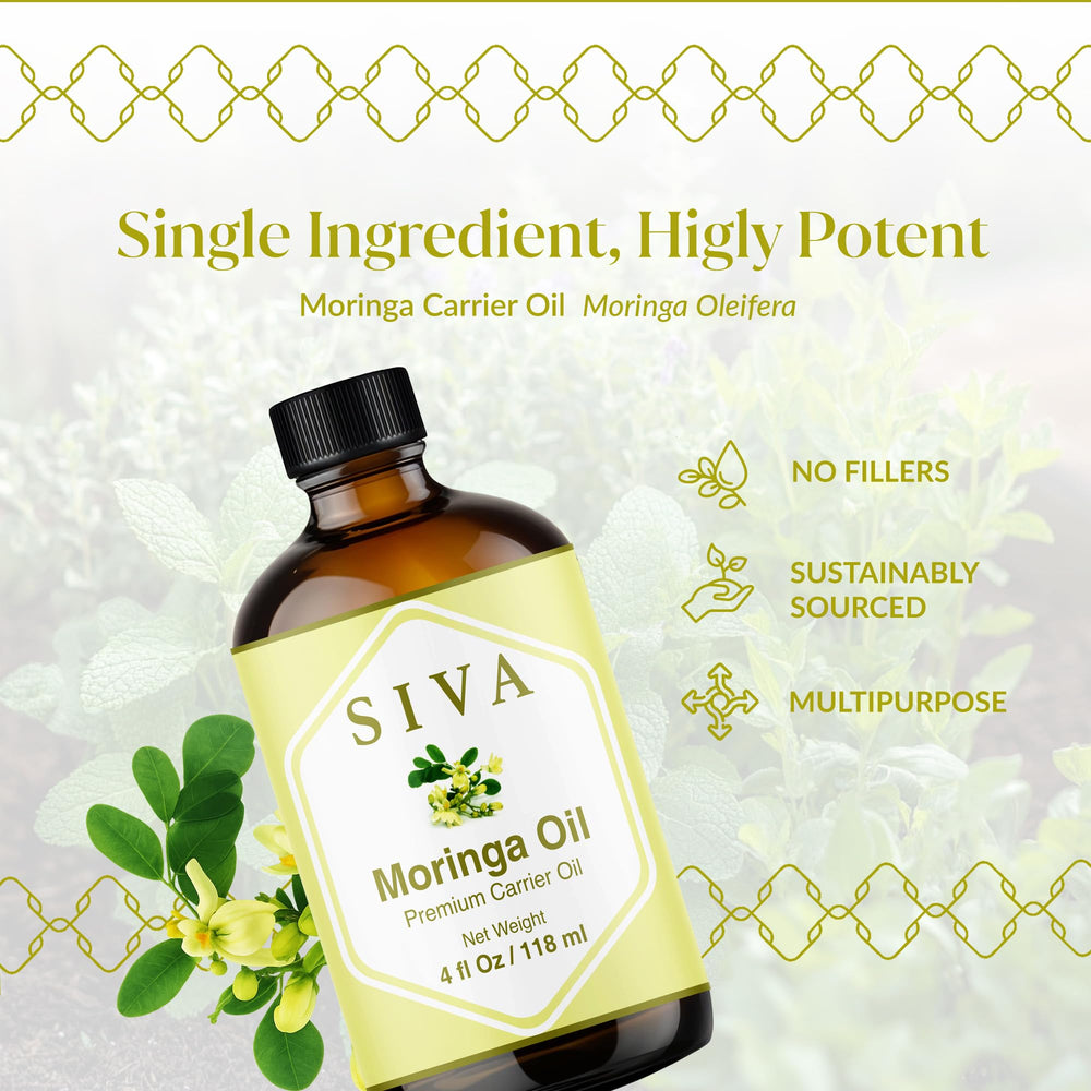 SIVA ORGANICS moringa oil texture close-up showing lightweight absorbent finish