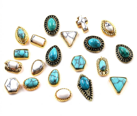 SIXAOAZZ front packaging showing 50 turquoise charms and assortment benefit