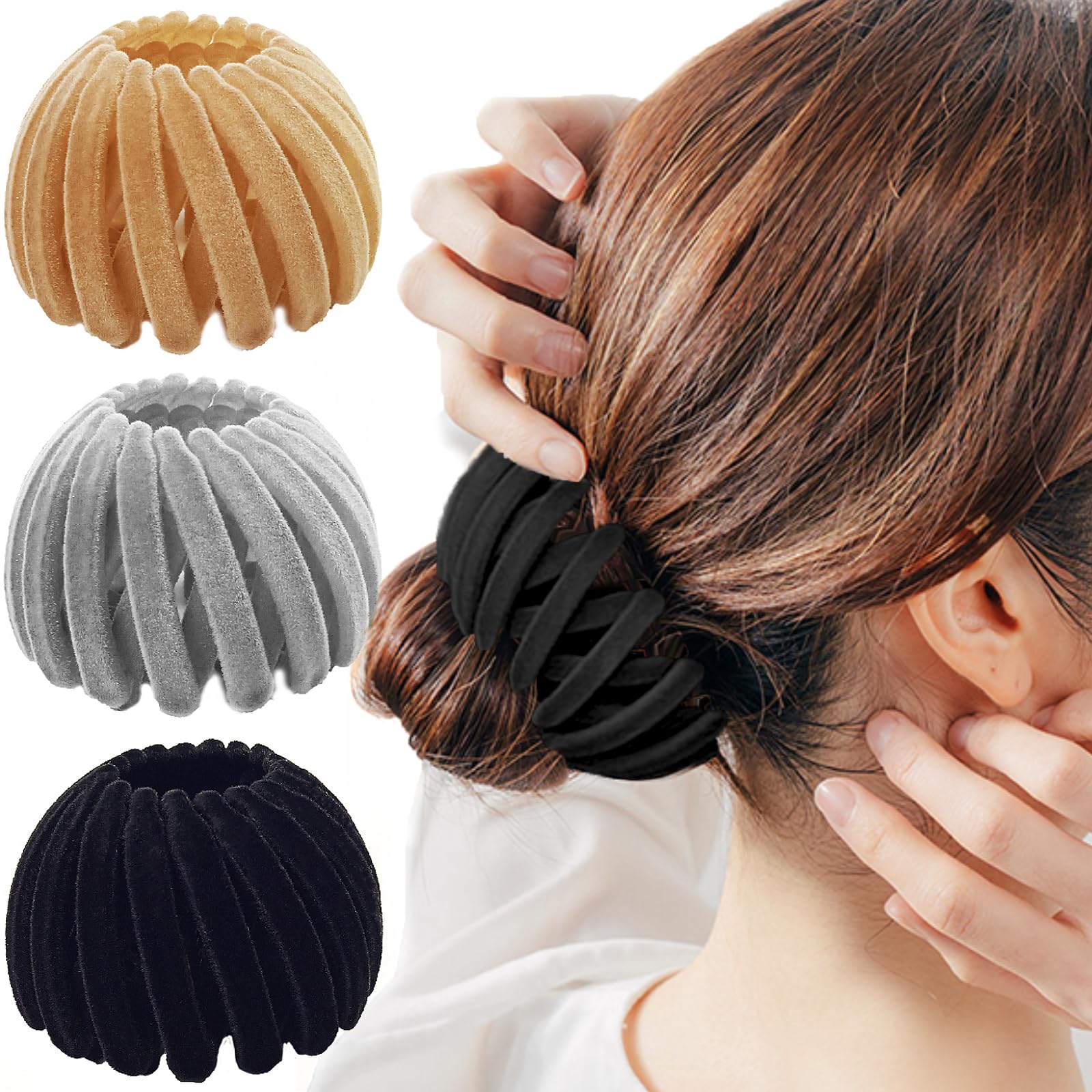 Sizobi front view of barrette and scrunchie set shows compact portability and style