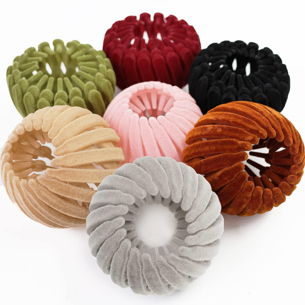 Sizobi front packaging showing seven velvet bun clips, neat storage benefit