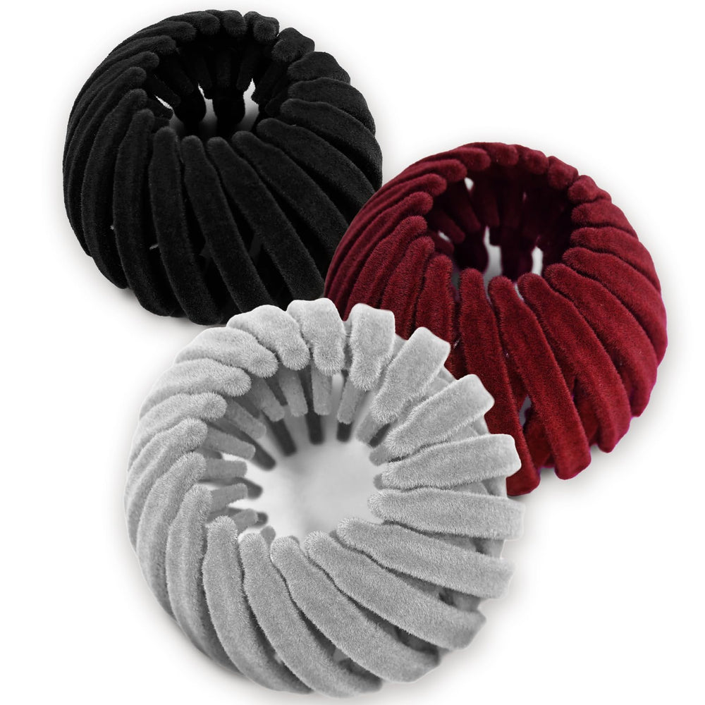 Sizobi front packaging showing three velvet bun clips with clear benefit of easy storage