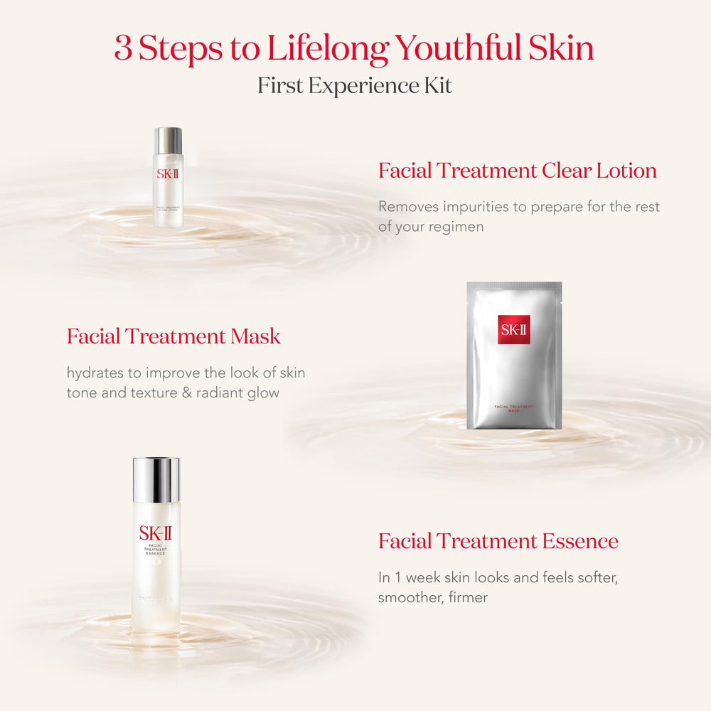 SK-II products arranged on vanity conveying a simplified skincare ritual benefit