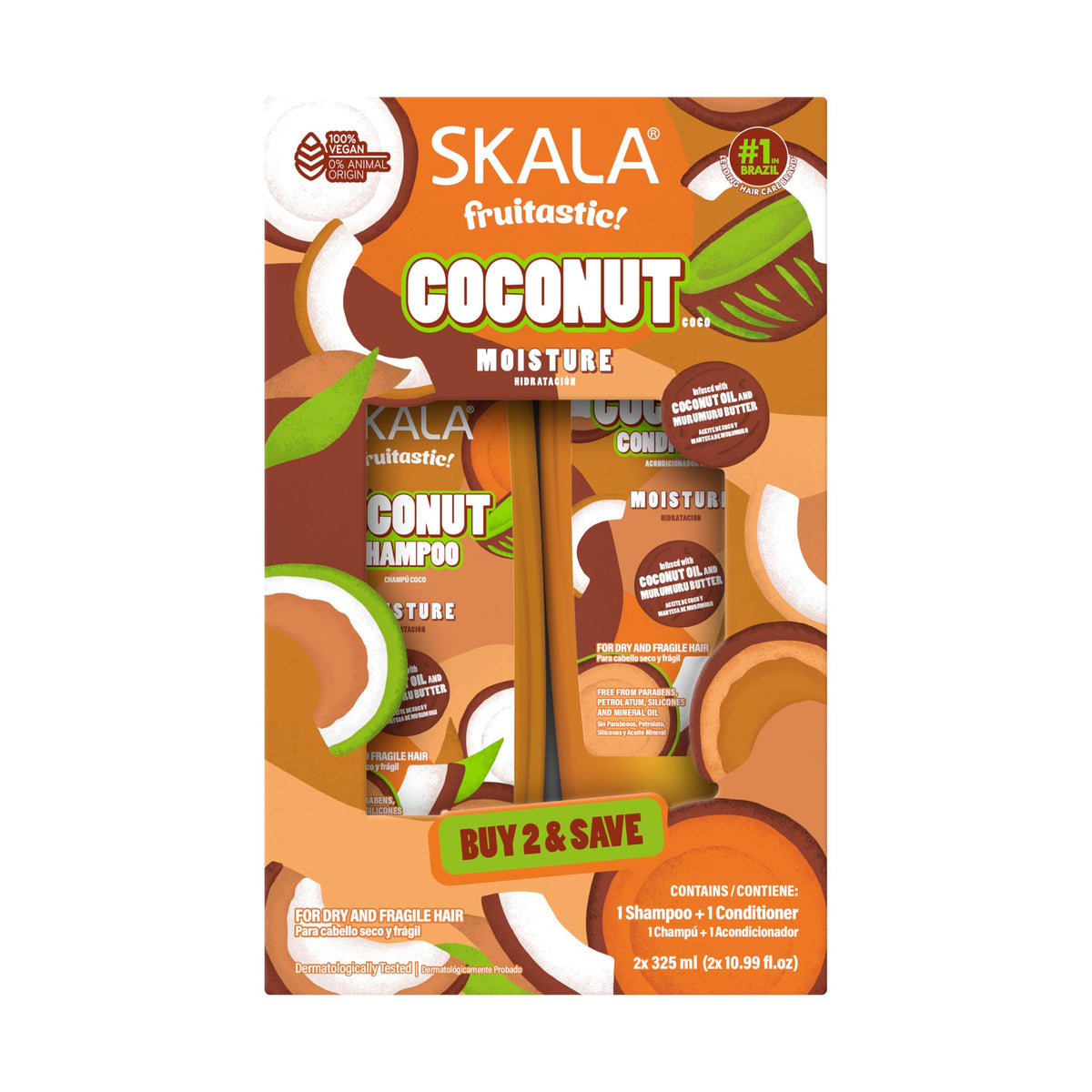 SKALA front packaging showing both coconut shampoo and conditioner, clear kit benefit
