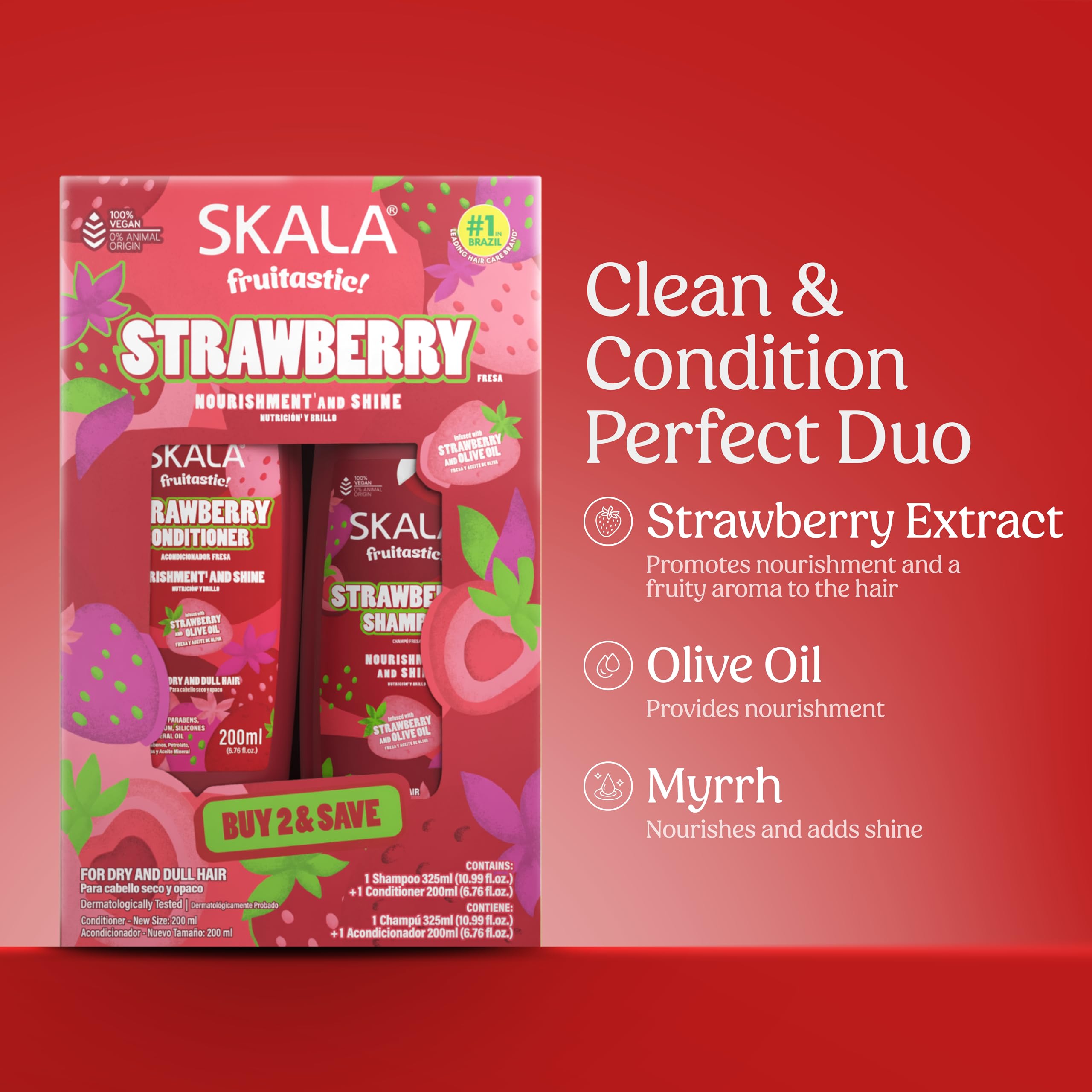 SKALA bottle close-up label highlighting vegan formula and strawberry scent for gentle care