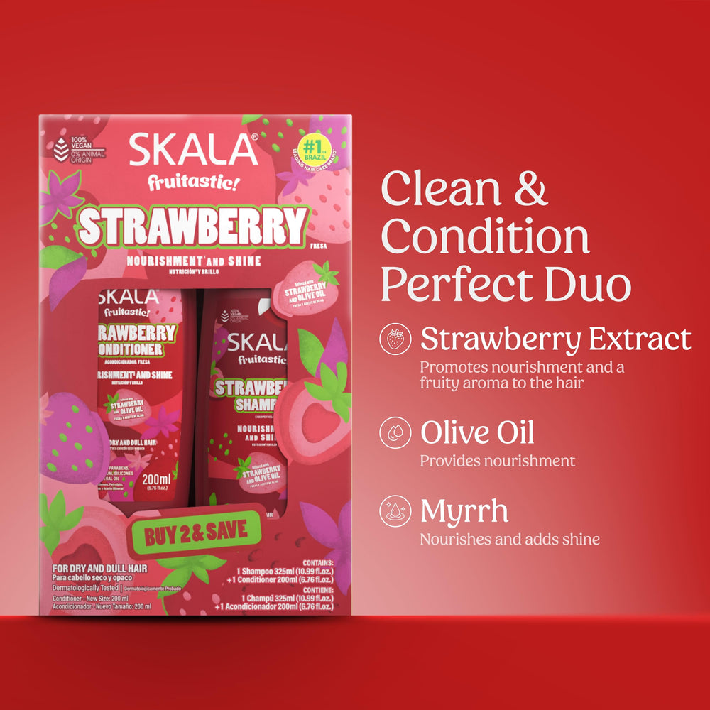 SKALA bottle close-up label highlighting vegan formula and strawberry scent for gentle care