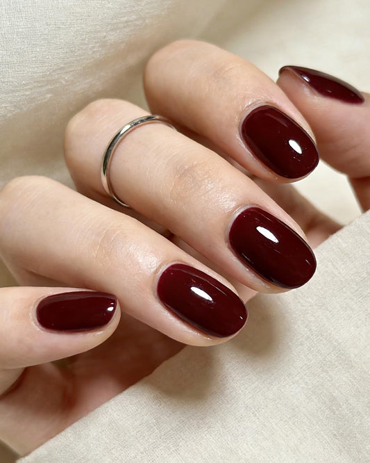 Skiennix front package showing burgundy press-on nails and tools, convenient kit