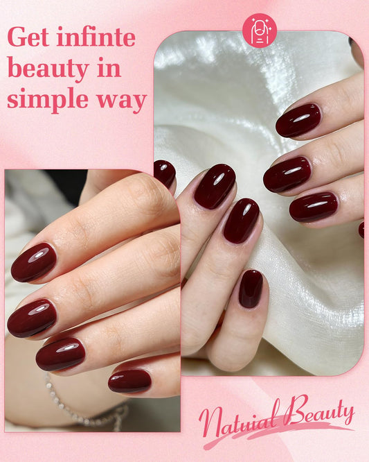 Skiennix close-up of glossy burgundy nail finish, highlights smooth texture