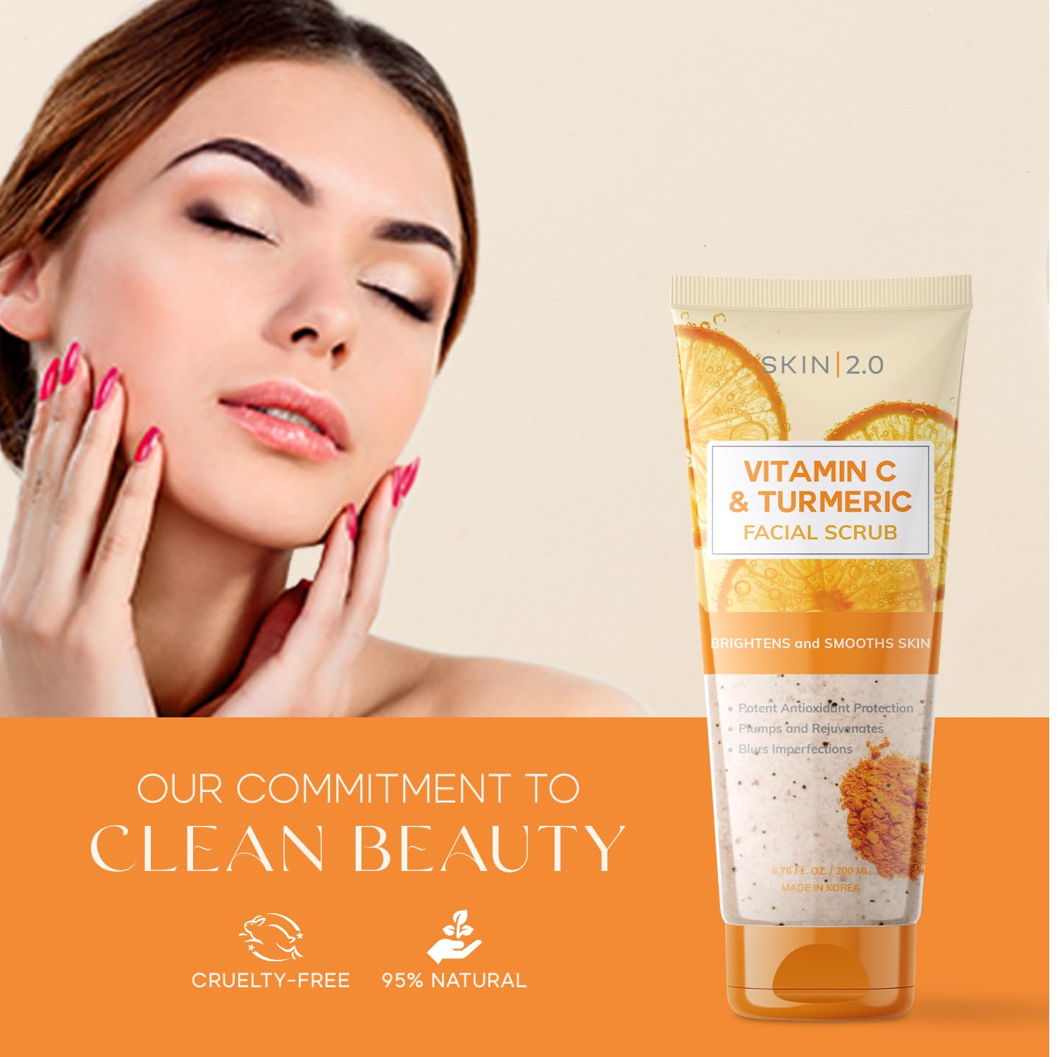 Skin 2.0 scrub being gently massaged onto cheek for smooth skin renewal