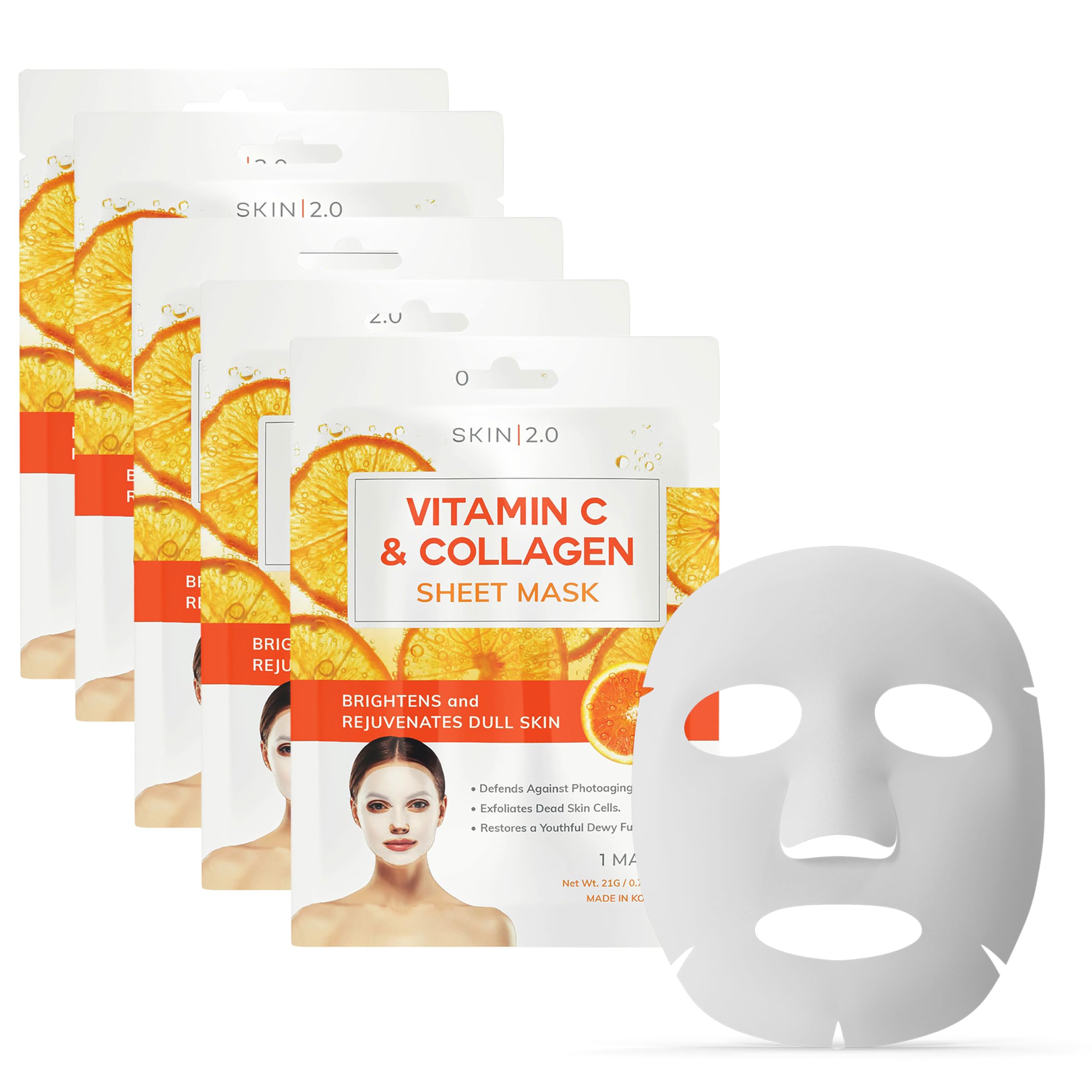 Skin 2.0 front packaging showing five sheet mask envelopes and benefit visibility
