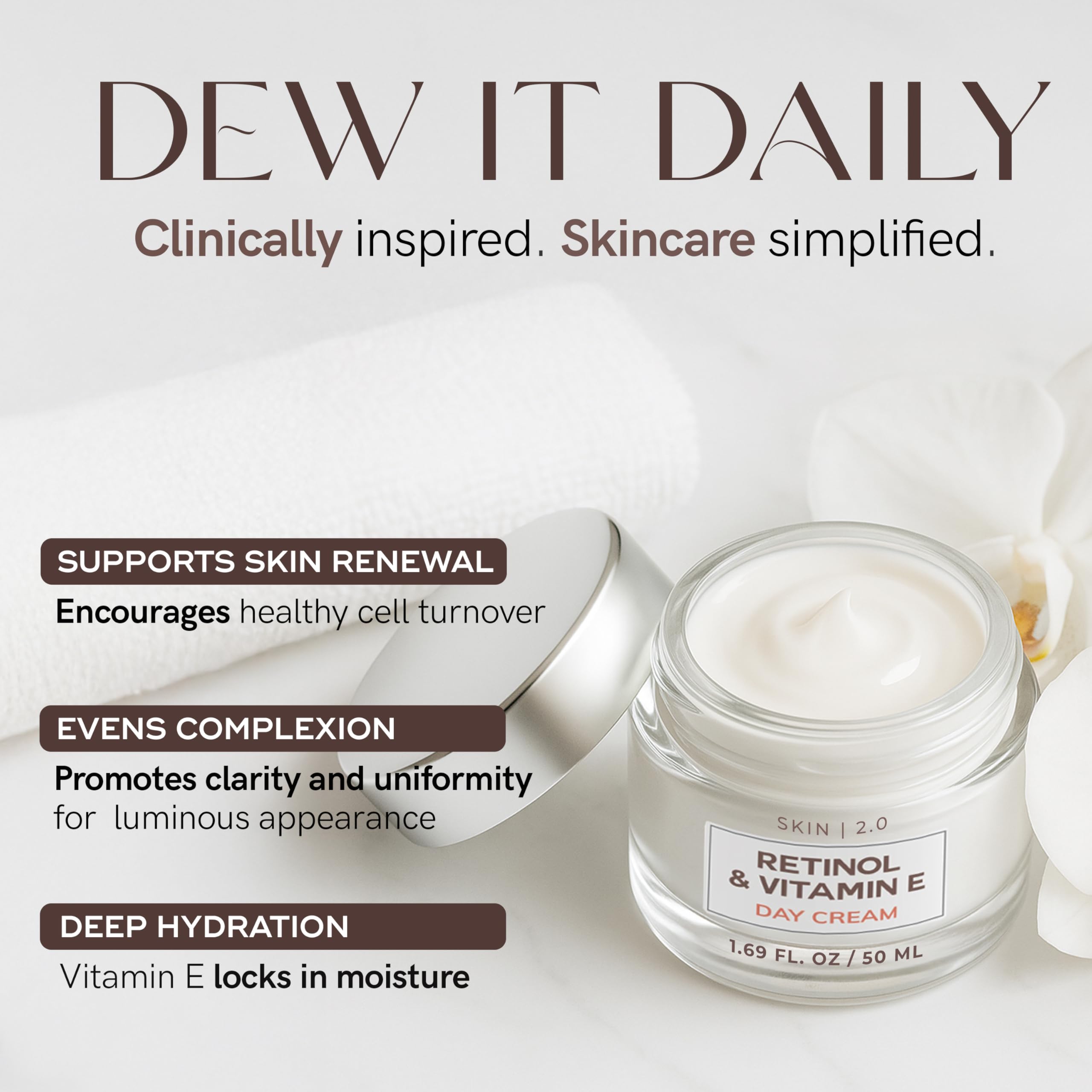 Skin 2.0 jar open top view showing product amount and fresh cream benefit