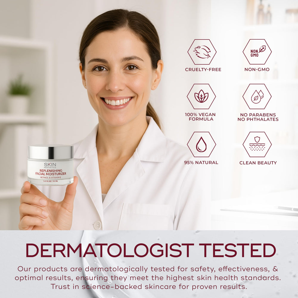 Skin Aesthetics dermatologist-tested badge on packaging conveying trusted safety support