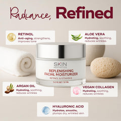 Skin Aesthetics label with ingredients list highlighting retinol and vitamin E benefits