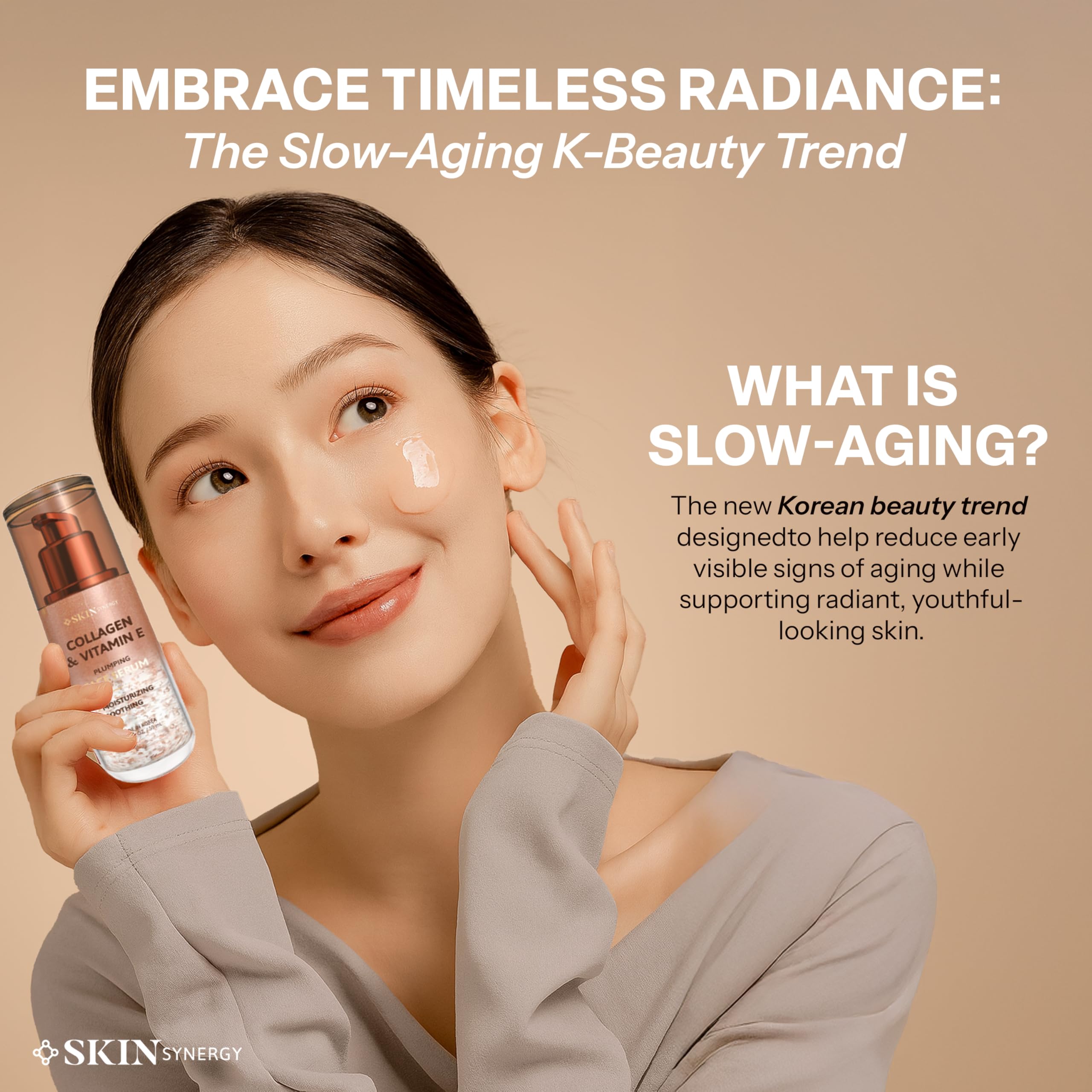 Skin Synergy bottle on bathroom vanity suggesting clean beauty ritual support