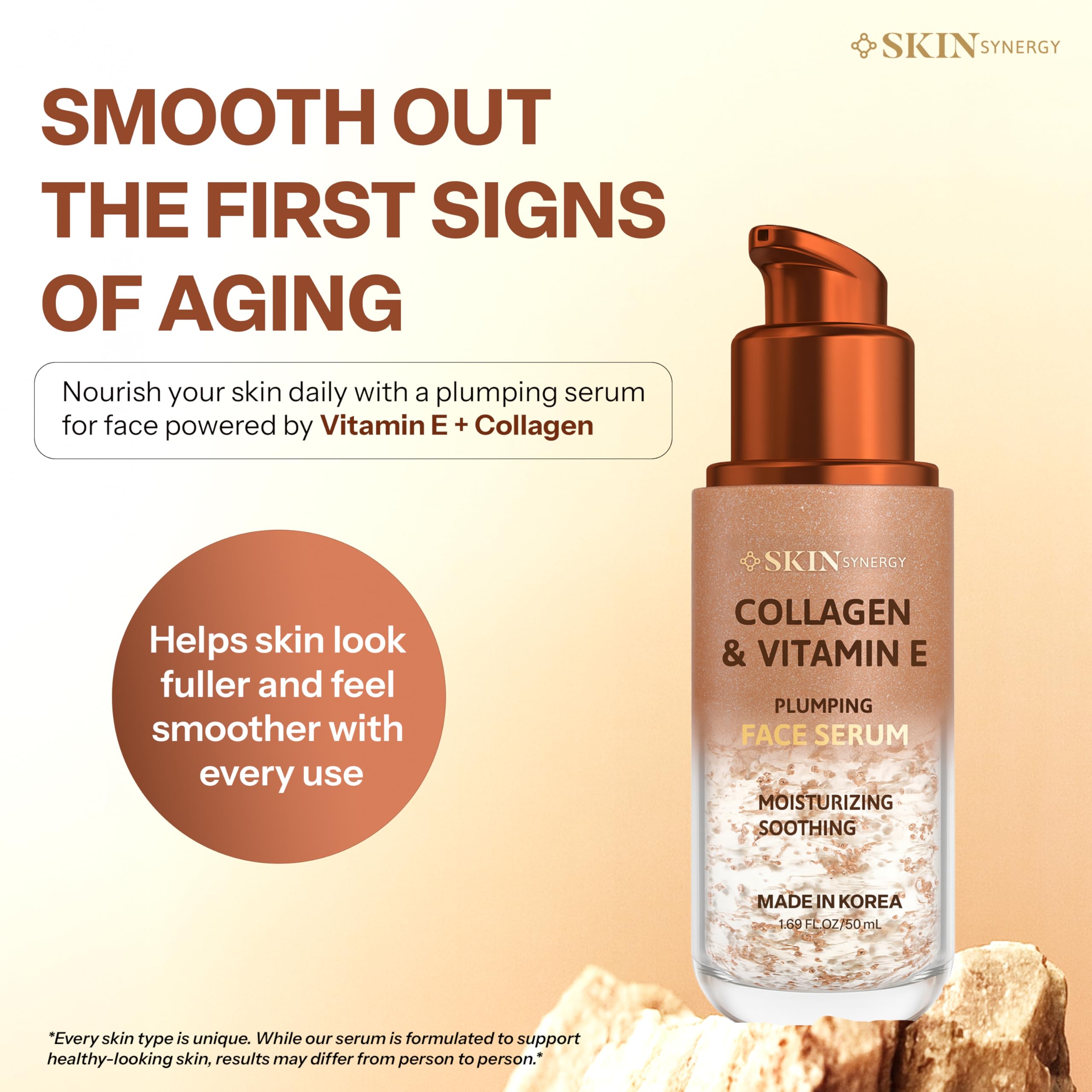 Skin Synergy pipette dispensing serum drop highlighting fast absorption benefit
