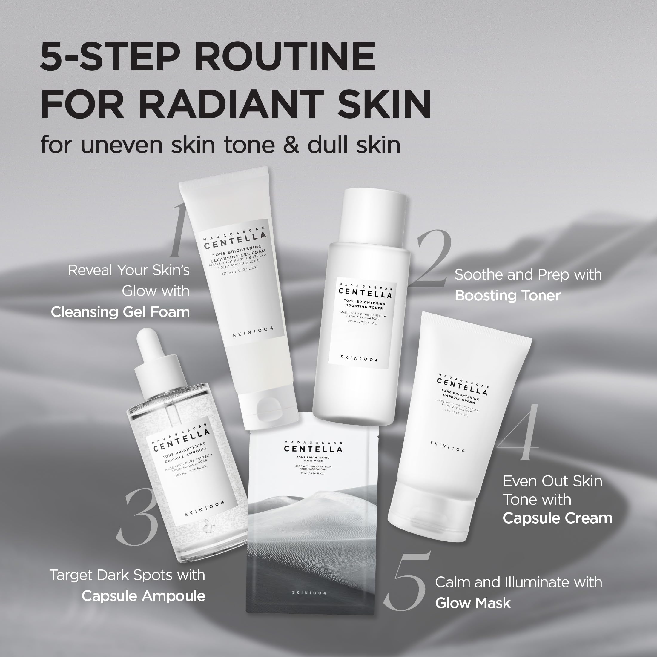 SKIN1004 five-pack flat lay in lifestyle scene for routine-ready benefit