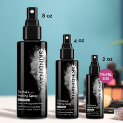 SKINDINAVIA mist applied over full face makeup to lock in long-lasting wear