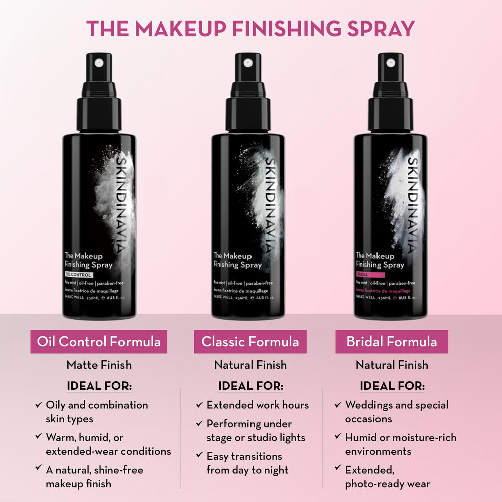 Model applying SKINDINAVIA spray over bridal makeup for long-lasting benefit
