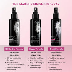 Model applying SKINDINAVIA spray over bridal makeup for long-lasting benefit