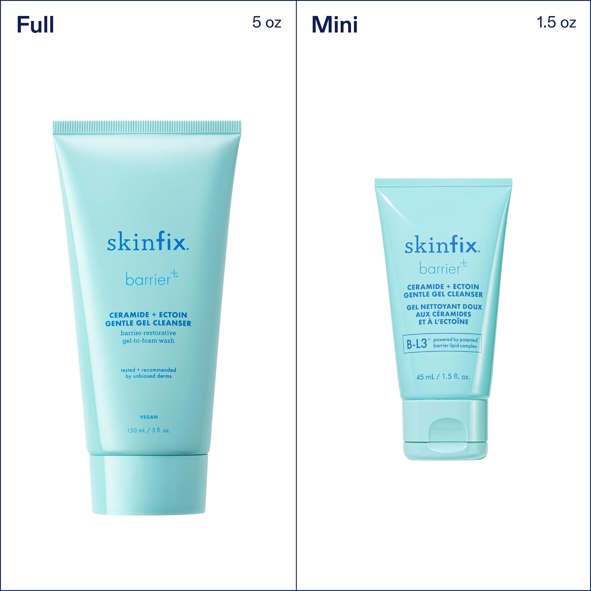 Skinfix mini cleanser before and after rinsed skin showing clean, refreshed complexion
