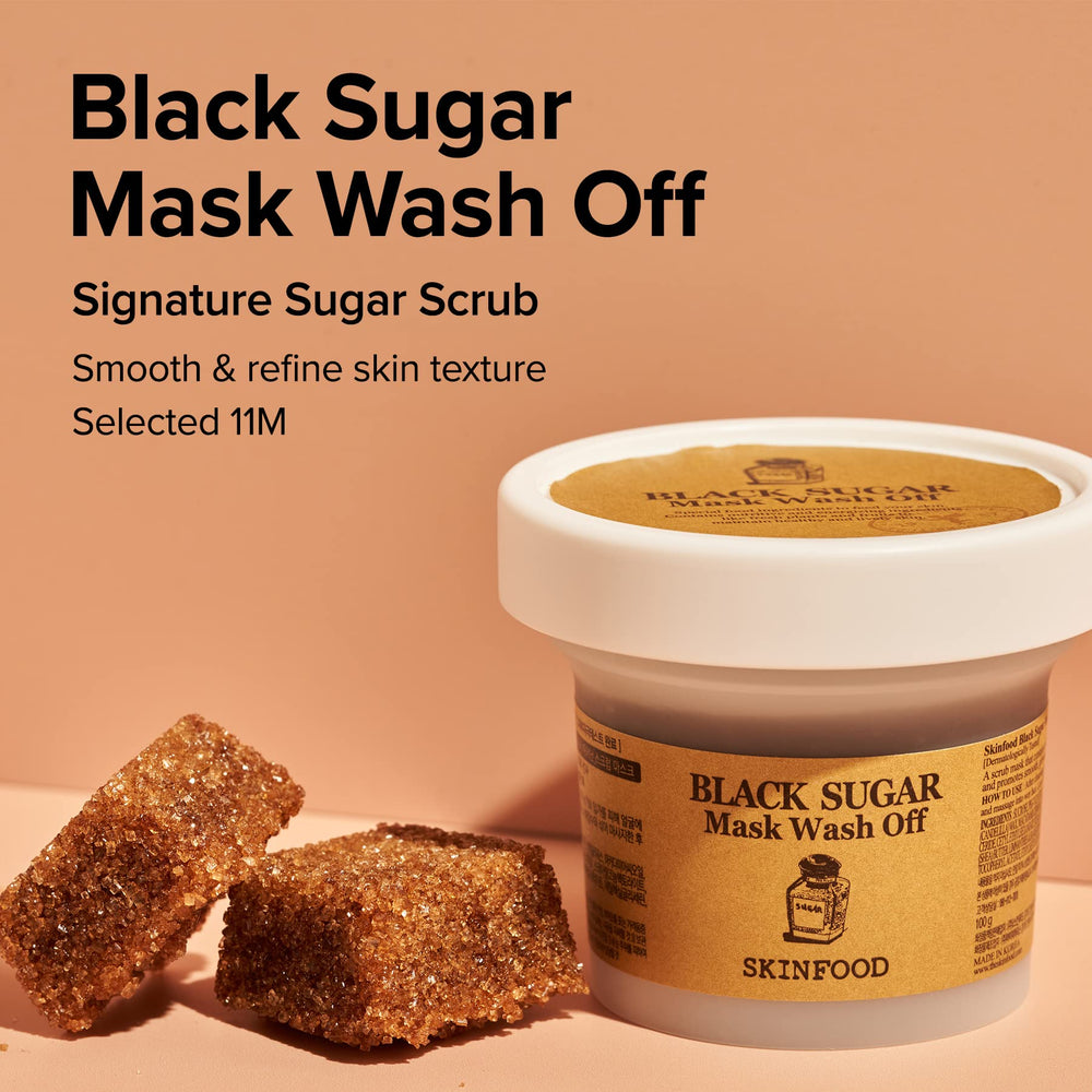 SKINFOOD open jar revealing creamy brown scrub texture for nourishing exfoliation