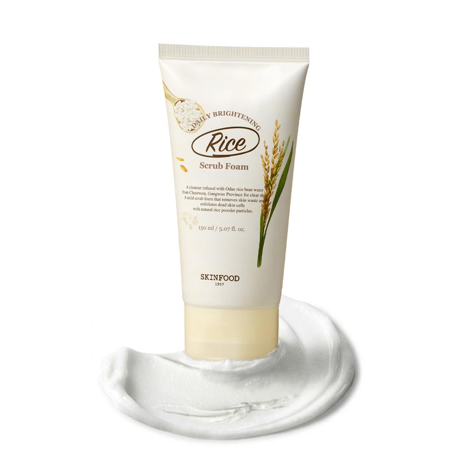SKINFOOD front bottle shot showing Rice Daily Scrub Foam benefit gentle cleansing