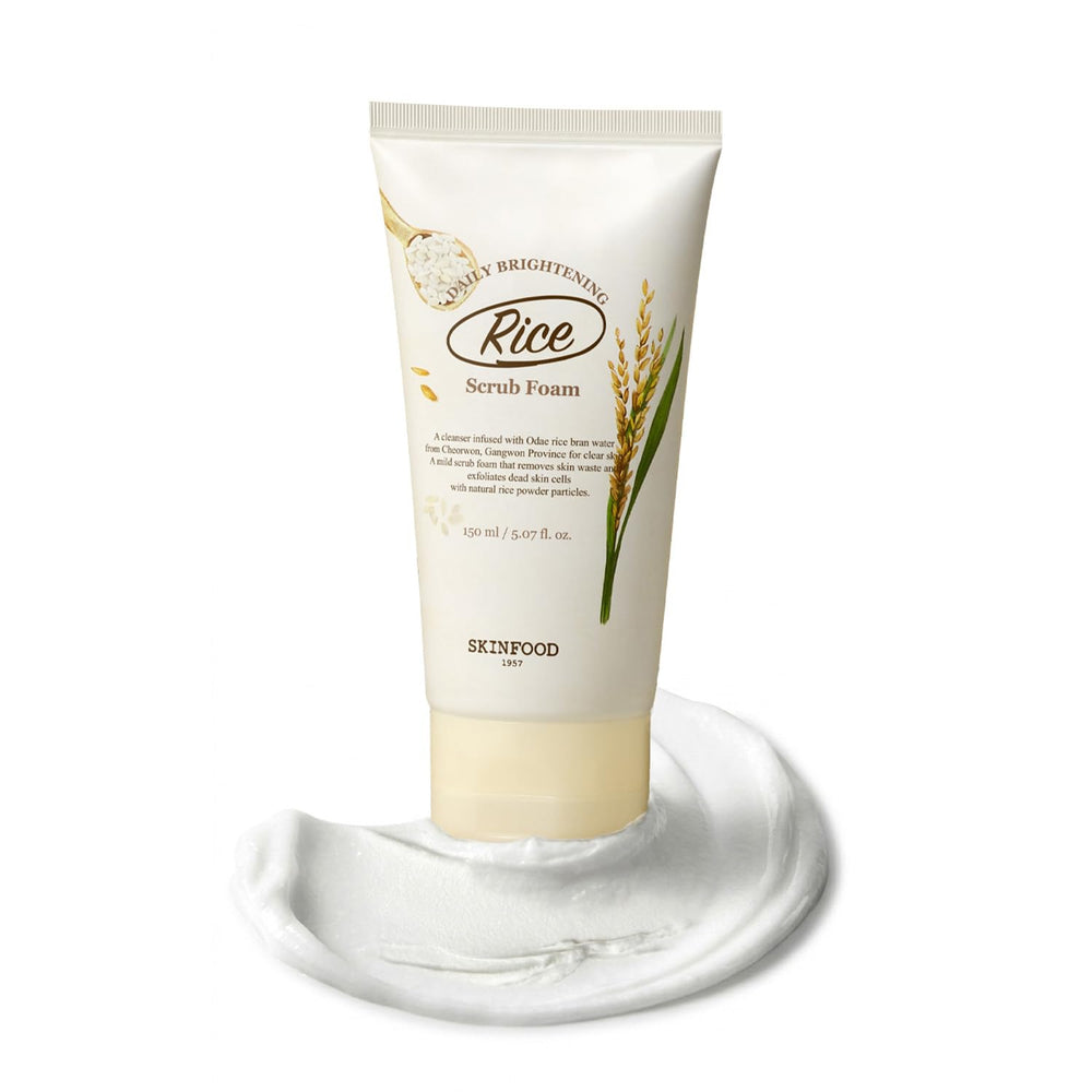 SKINFOOD front bottle shot showing Rice Daily Scrub Foam benefit gentle cleansing