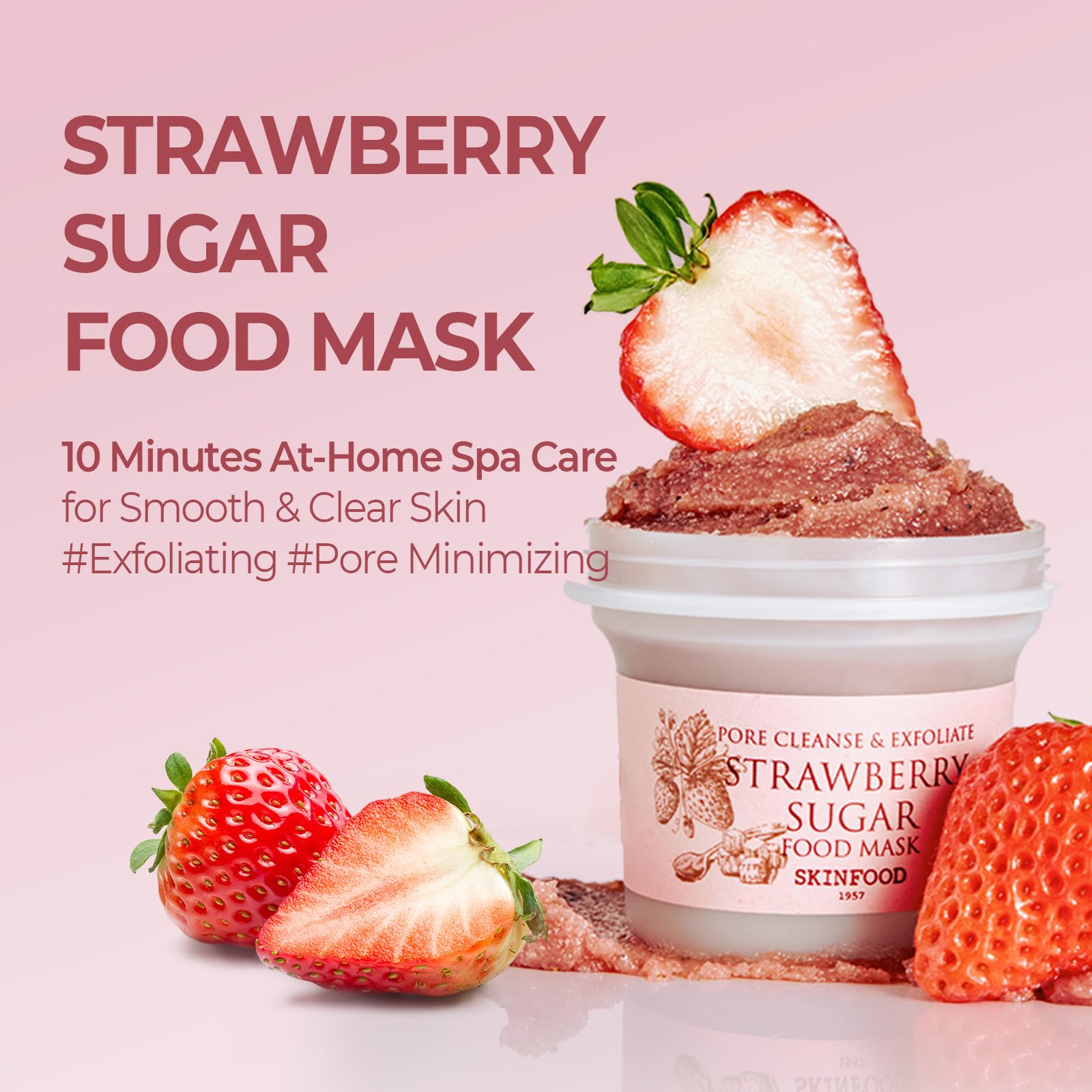 SKINFOOD 1957 open jar revealing creamy strawberry sugar texture for gentle exfoliation