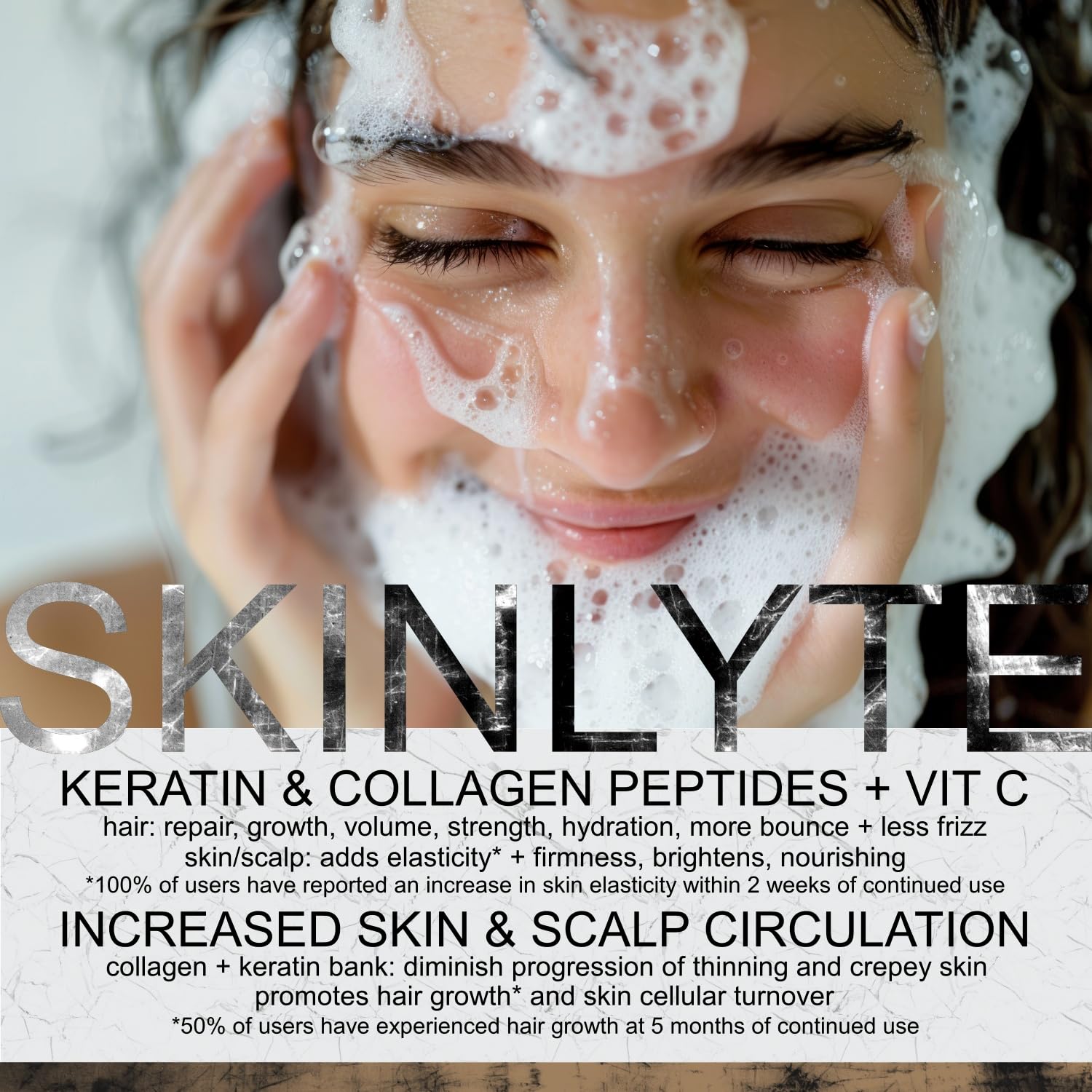 SKINLYTE rich lather on wet hair demonstrating gentle cleansing and softness