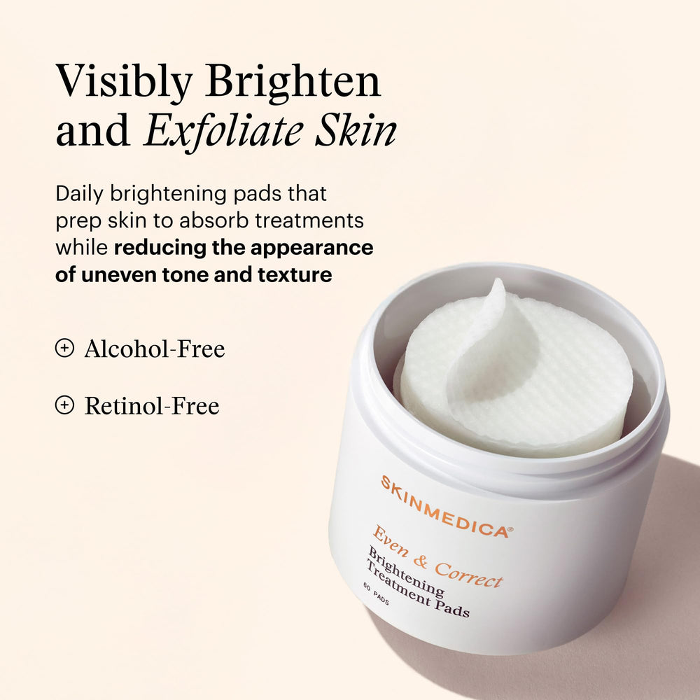 SkinMedica open tub showing stacked pads, convenient on-the-go brightening