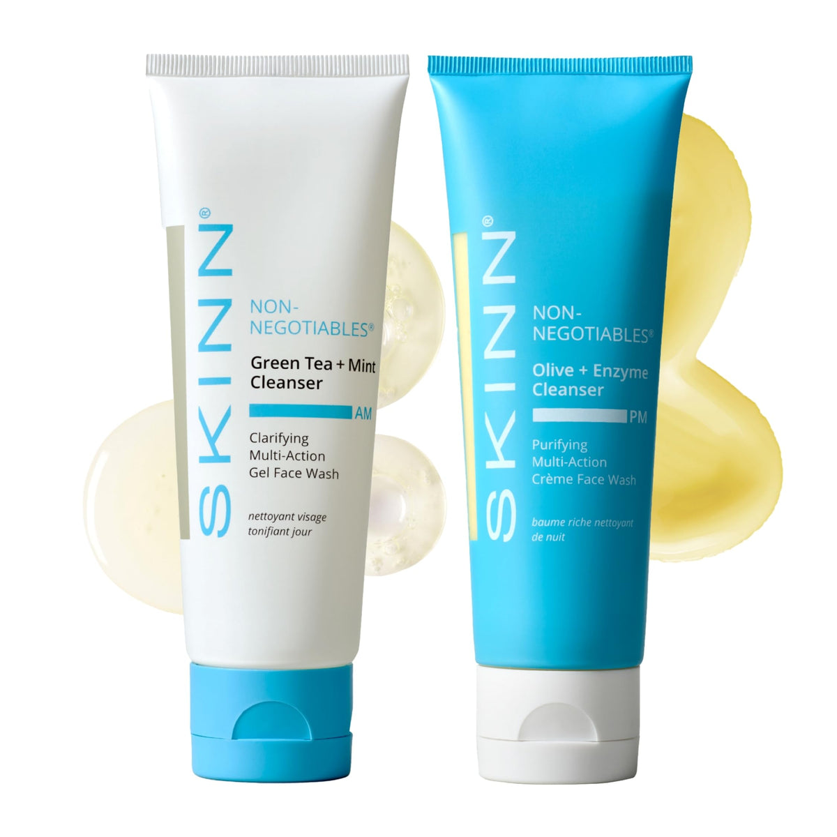 SKINN front view of day and night cleanser pair showing refreshed skin benefit