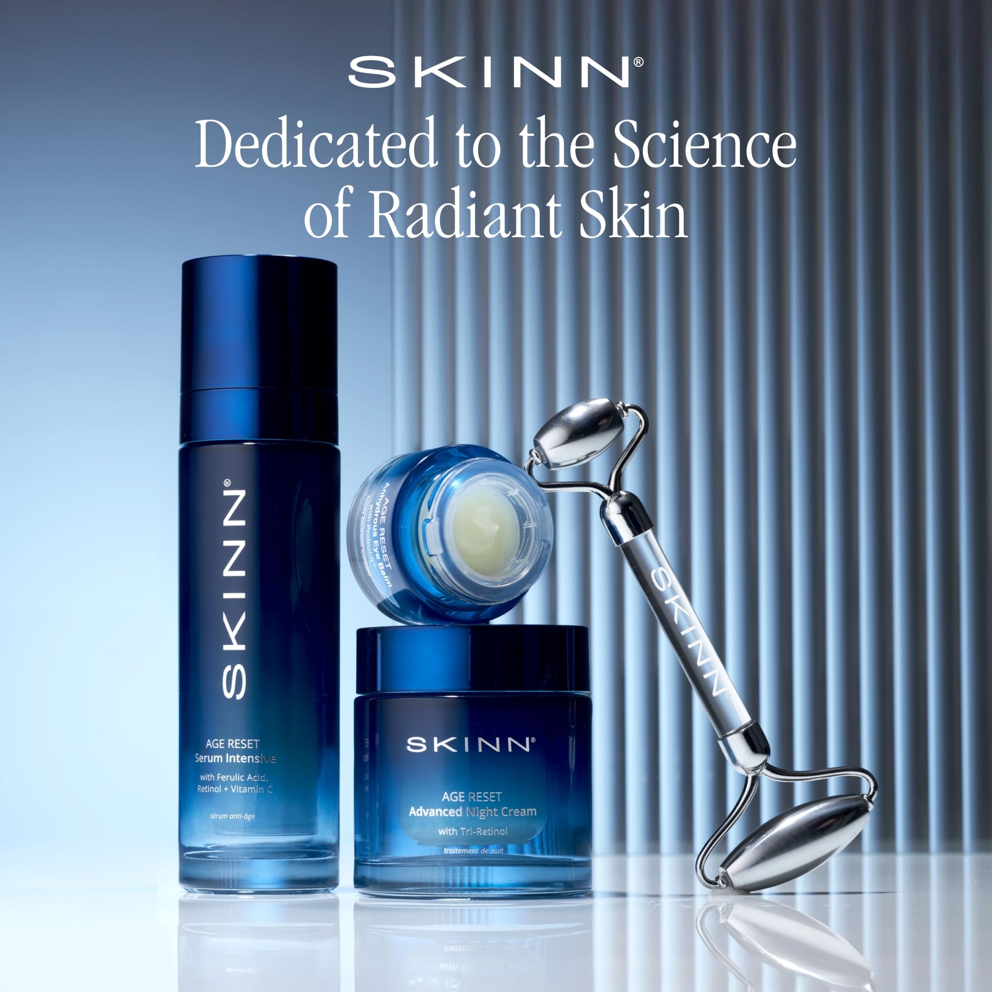 SKINN serum placed on bathroom counter in natural light lifestyle scene