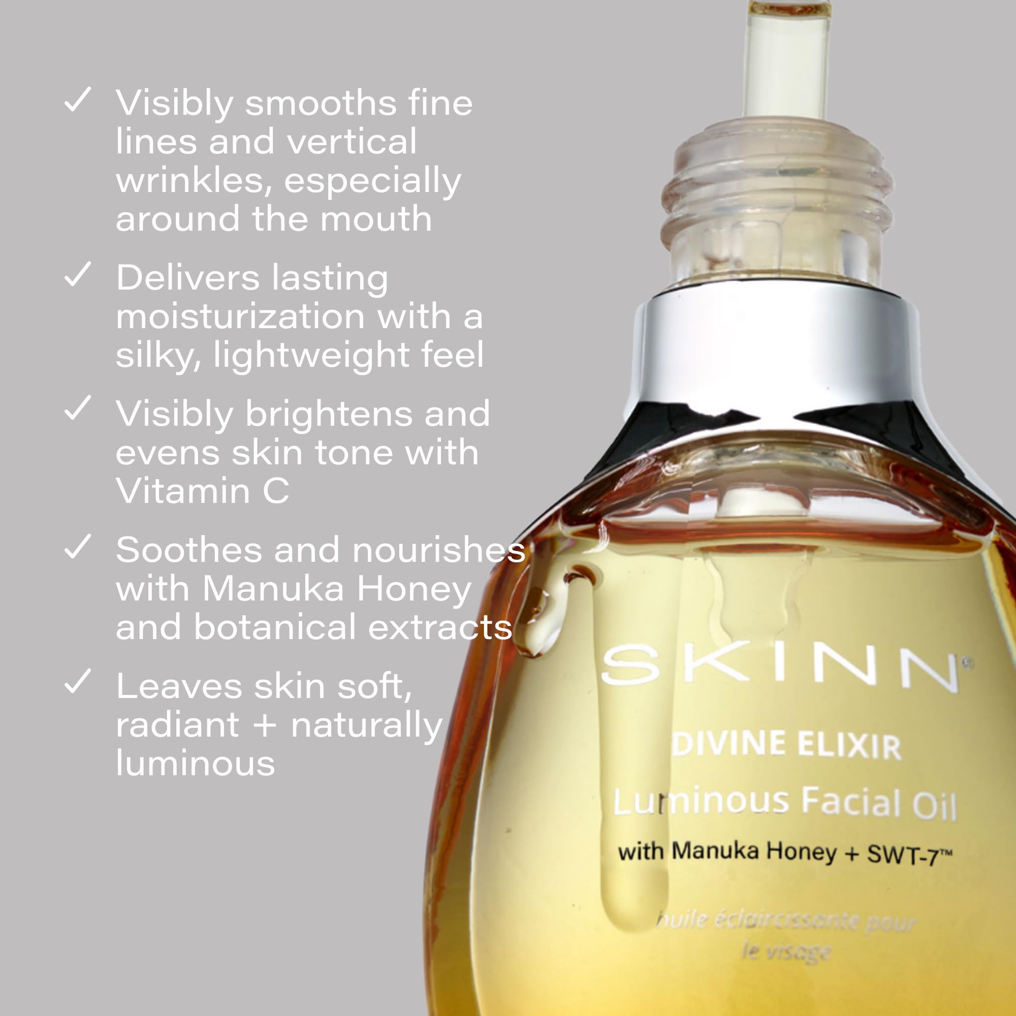 SKINN oil texture close-up showing lightweight, fast-absorbing finish