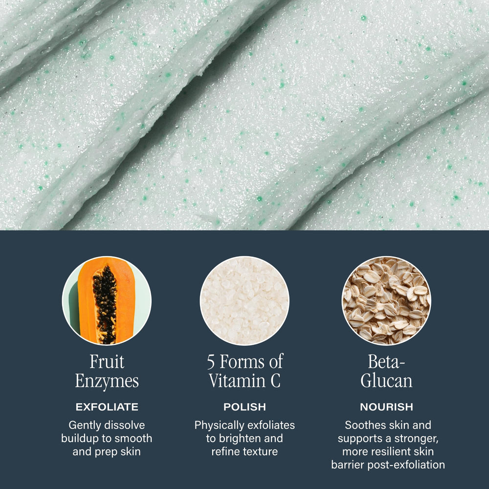 SKINN label close-up listing Vitamin C forms and fruit enzymes