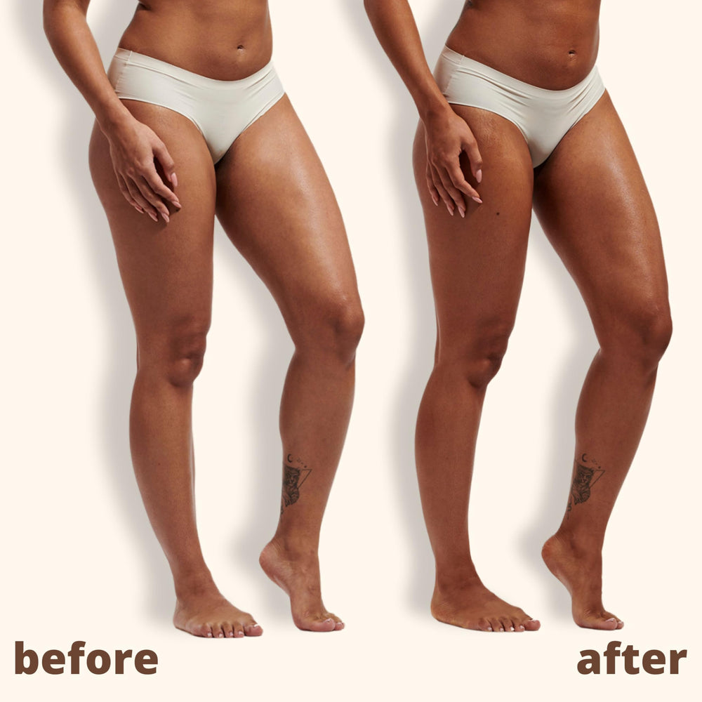 Skinny Tan before and after leg comparison showing natural-looking bronze improvement