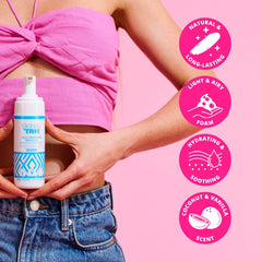 Skinny Tan bottle beside towel in bathroom lifestyle for routine ease