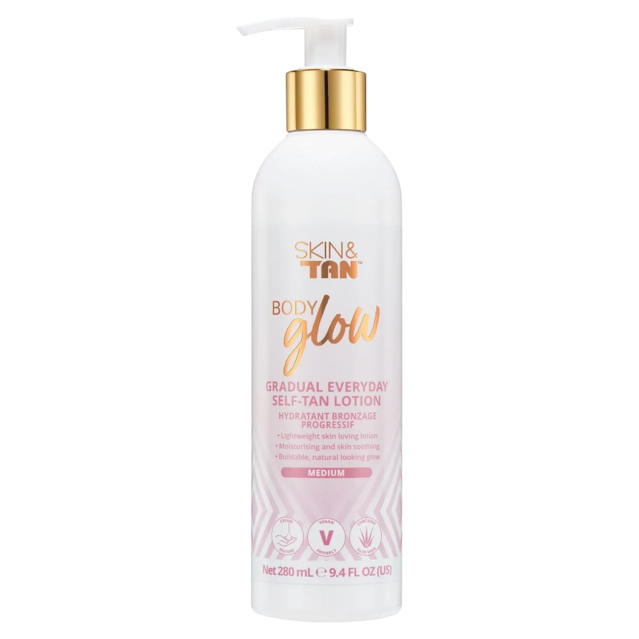 Skinny Tan front bottle showing label and 9.4 oz size with product benefit