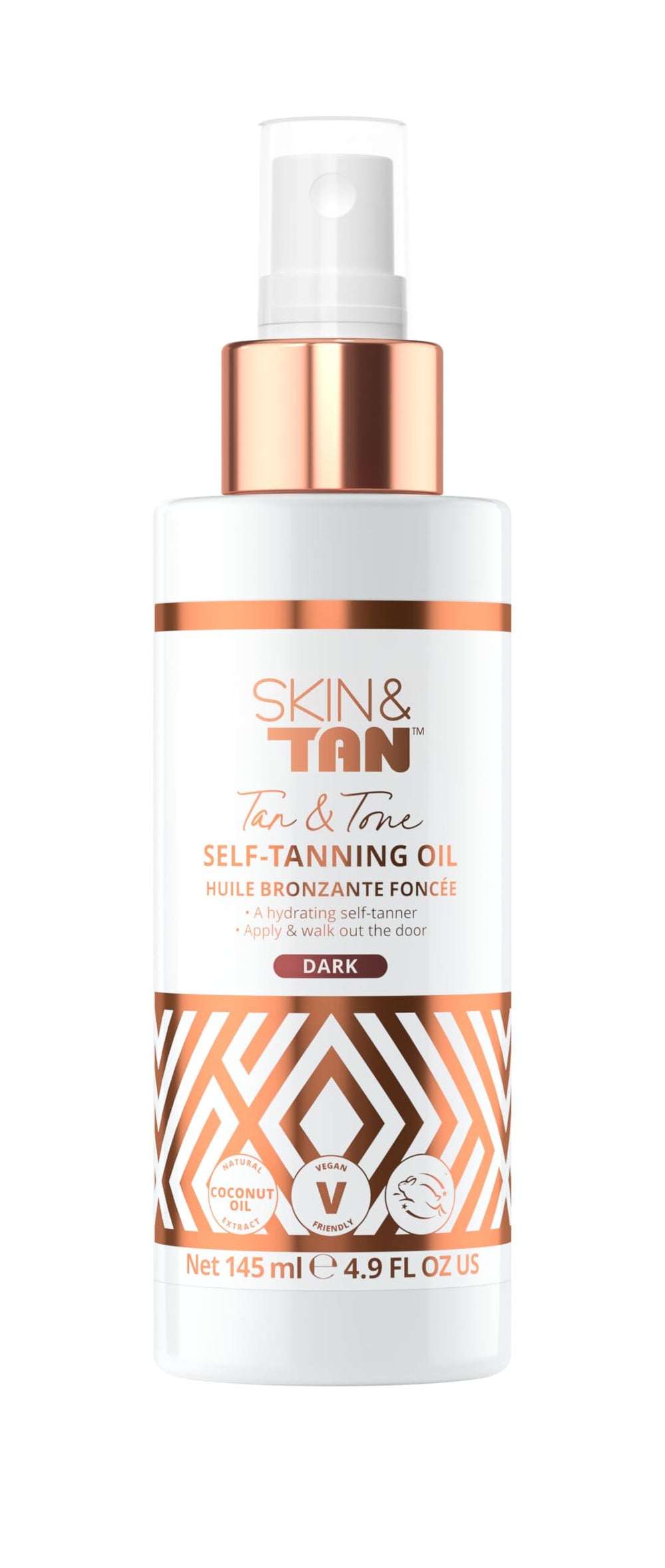 Skinny Tan front packaging spray showing bottle and label benefit: quick bronzing