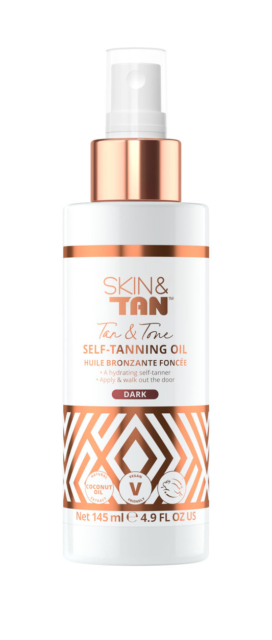 Skinny Tan front packaging spray showing bottle and label benefit: quick bronzing